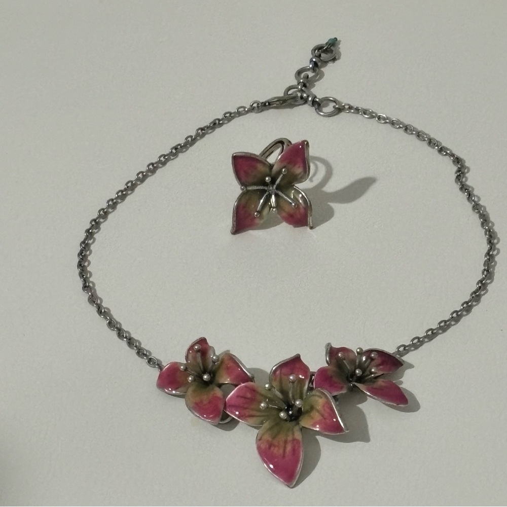 Lucky brand 2 pc jewelry set adjustable ring enamel silver tones